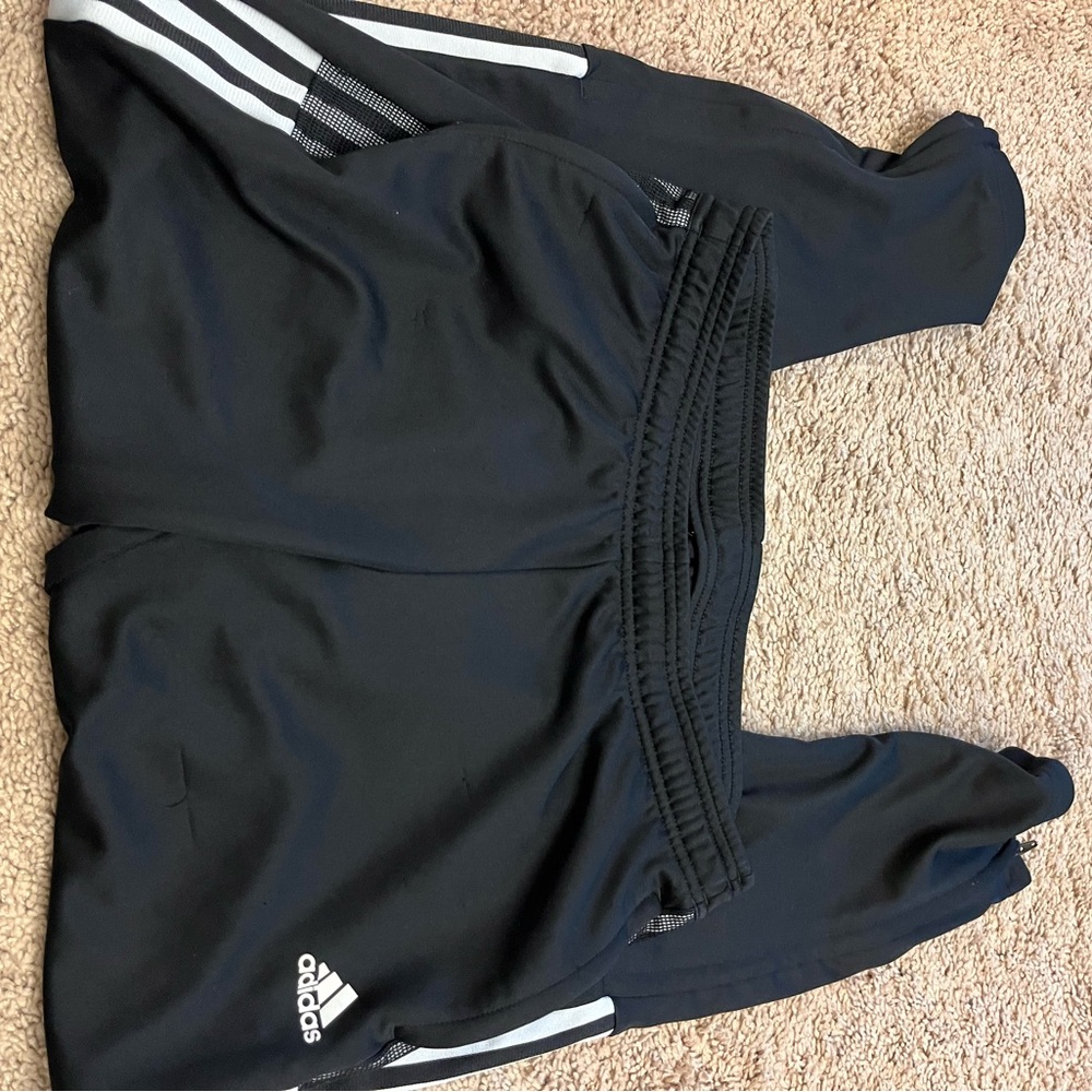 Adidas track pants, black with white stripes, size large pre-owned